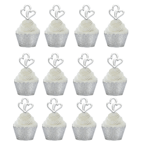 Sparkling Premium Double Sided Glitter HEART SILVER Cupcake Cake Wedding Topper